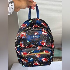 Disney Loungefly Mini Backpack Stitch Space Rocket Print Black Blue Faux Leather